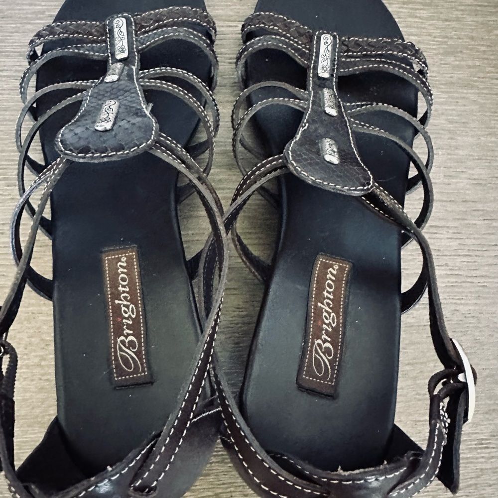 Brighton Brown Leather Silver Ladder Wedge Sandals 10 - Picture 7 of 10